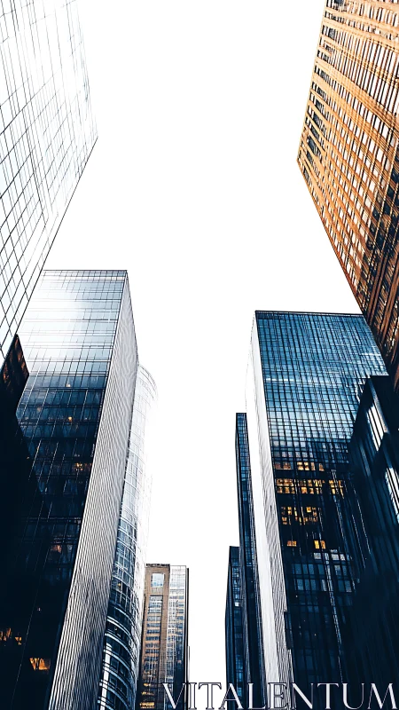 Glass skyscrapers converge into bright urban skyline void.