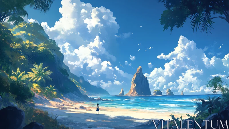 Tropical Coastal Landscape with Towering Sea Stacks and Figure. Digital Rendering.