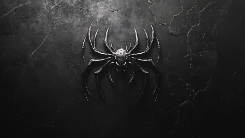 Metallic spider emblem on textured dark stone surface.