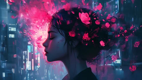 Neon city dreamscape with floral mind bloom in profile.