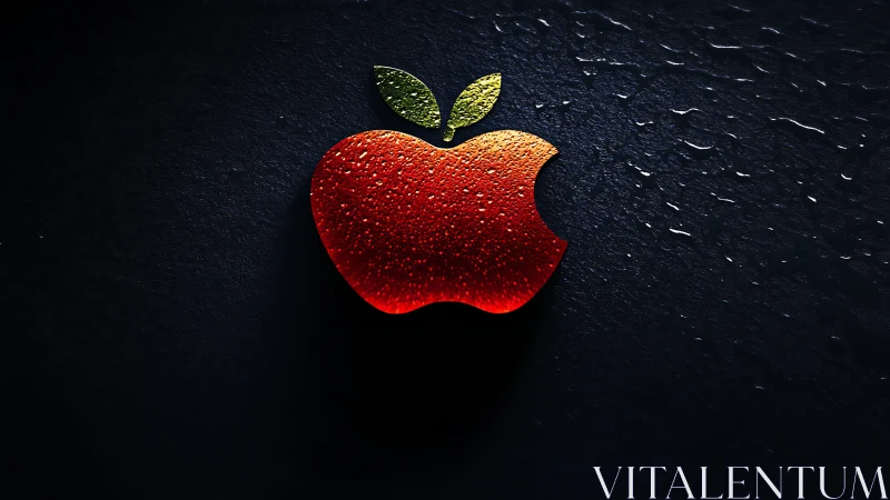 Apple-shaped red icon with surface droplets is illuminated