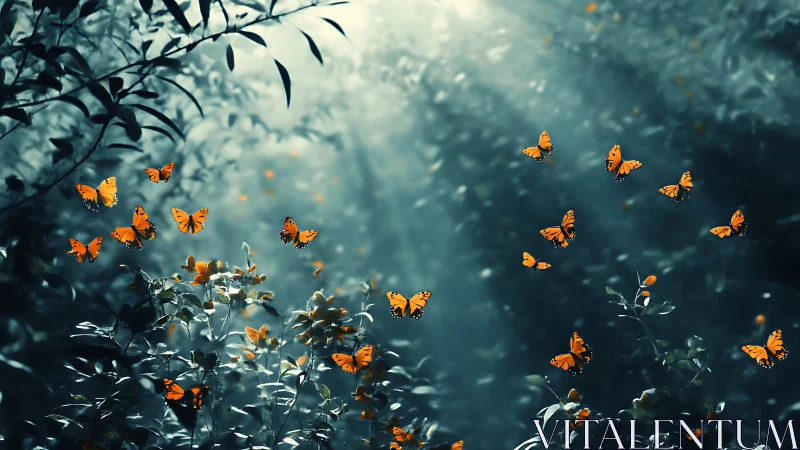 Midnight glade of ember-bright butterflies in quiet orbit.