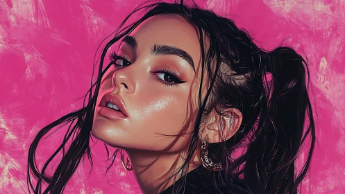 Bold digital portrait of a confident woman against neon pink