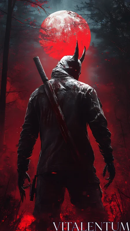 Horned hunter stands beneath a blood moon in haunted forest