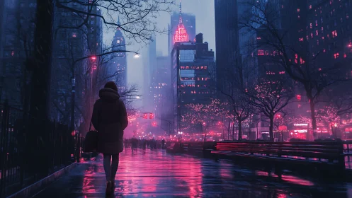 Neon rainwalk in a moody midnight electric cityscape.