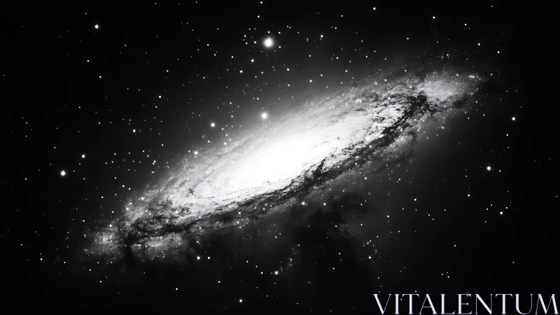 Spiral galaxy core glowing in monochrome deep space.