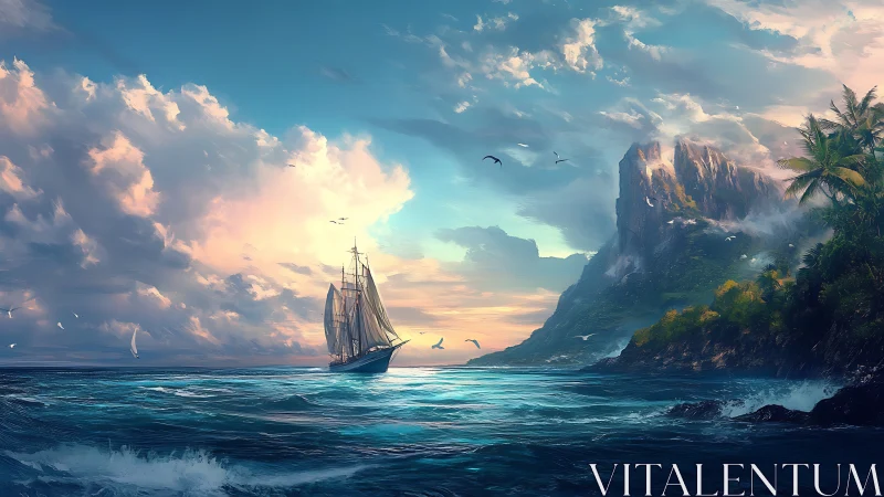 Tall ship crossing tropical bay under luminous sunset sky.