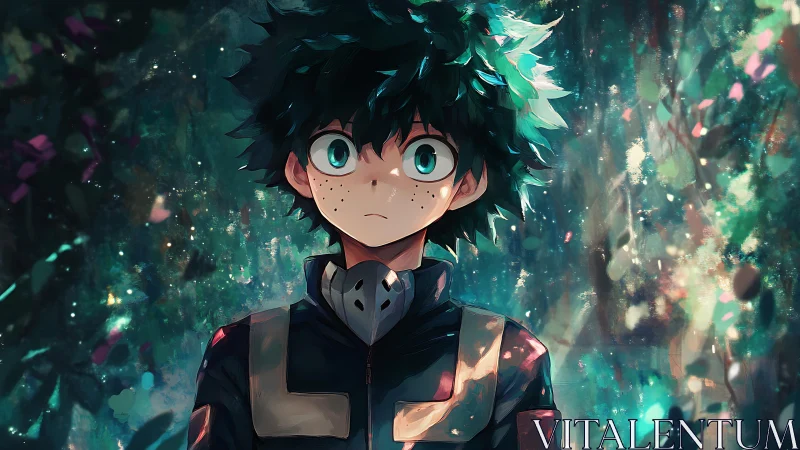 Anime portrait of freckled hero in luminous forest setting.