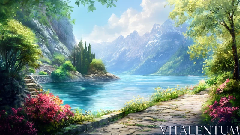 Mountain lake shoreline with stone path and vegetation.