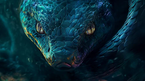 Iridescent serpent eyes lock under deep teal shadows.