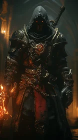 Armored pyromancer in gothic corridor under dramatic rim lighting