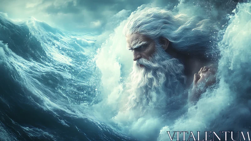 Sea god emerges from storm surge in luminous teal waves.