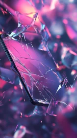 Fractured smartphone glass in neon chromatic dispersion field.