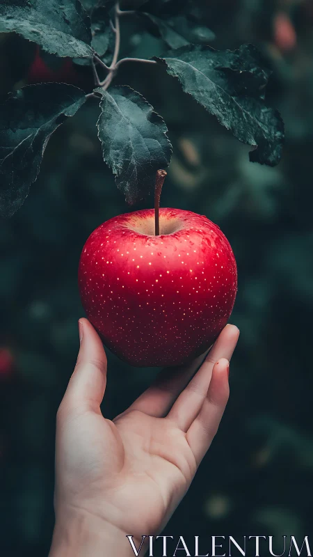 Ripe red orchard apple rests gently above an open hand