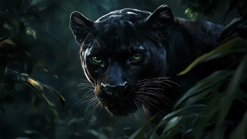 Black Panther Portrait with Luminescent Eyes in Jungle Setting