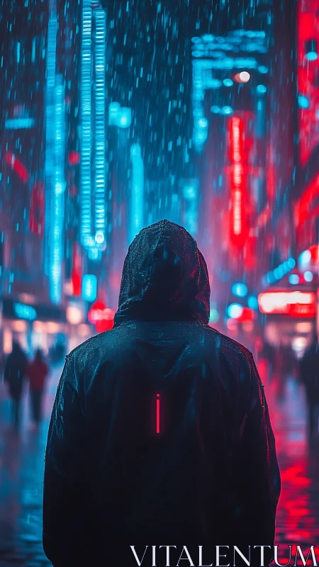 Neon rain wanderer paused in a glowing midnight avenue.