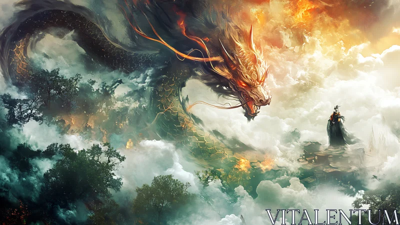Large dragon confronting lone figure above clouded landscape.
