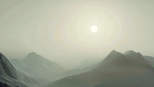 Minimalist digital mountains recede beneath a diffuse, hazy sun