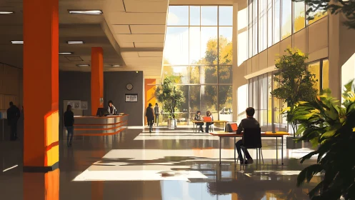 Sunlit double-height atrium workspace with strong linear perspective