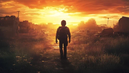 Silhouetted figure walks through overgrown street at sunset