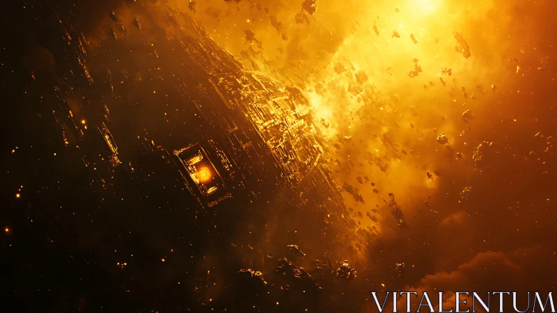 Colossal star-forged space station amid burning debris field.