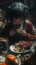 Girl with dark pigtails eating at crowded rustic table.
