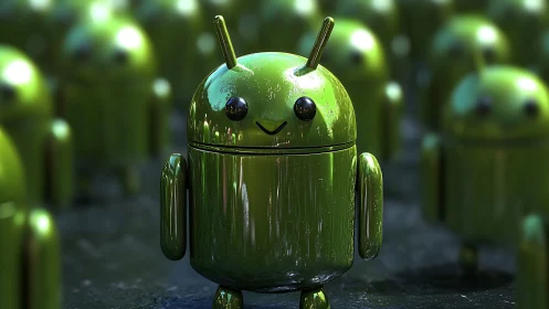 Chromed Android mascot rendered in reflective 3D environment