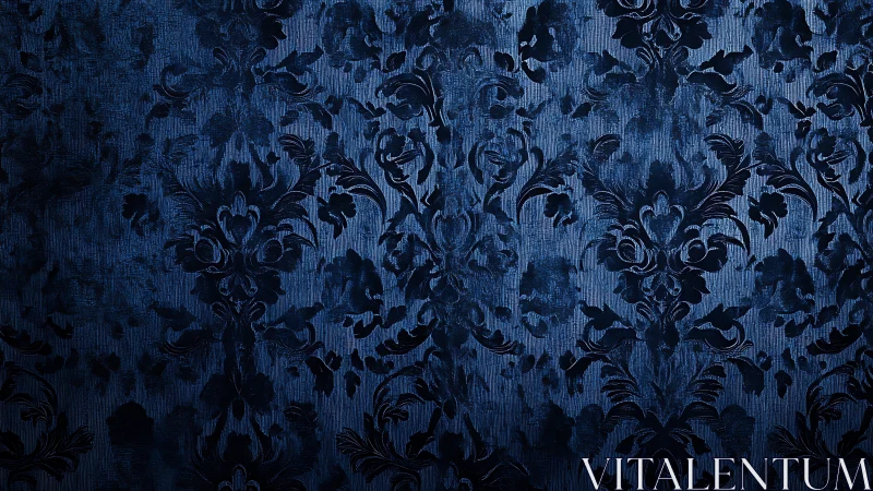 Ornate blue damask wallpaper shows dense symmetrical floral pattern