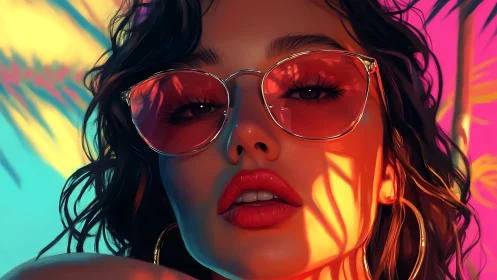Neon-lit close-up portrait with reflective pink aviator glasses