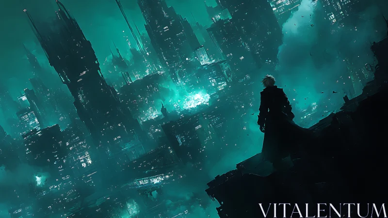 Lone figure surveys emerald cyberpunk megacity skyline.