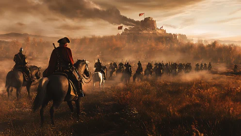 Mounted troops advancing toward fortified hilltop castle.