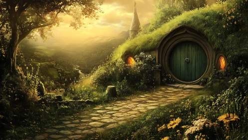 Hillside dwelling with circular door in sunset landscape.