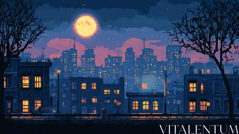 Pixel city skyline under luminous full moon at dusk.