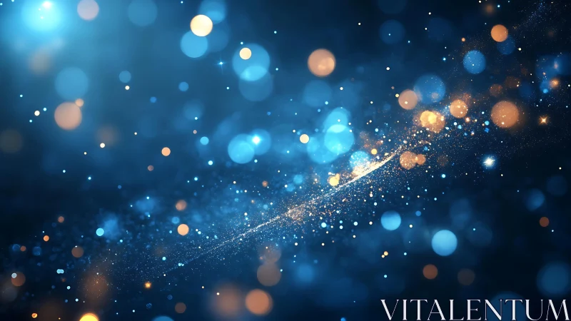 Abstract blue and gold bokeh lights with cosmic swirl effect.
