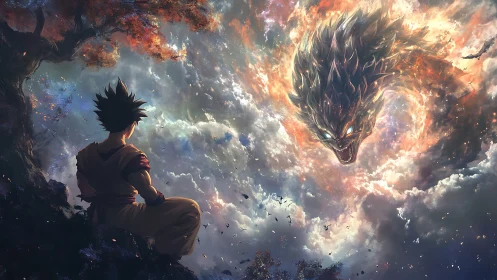 Storm-lit warrior quietly meets a roaring celestial dragon