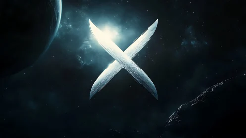 Metallic X symbol in deep space with planetary forms.