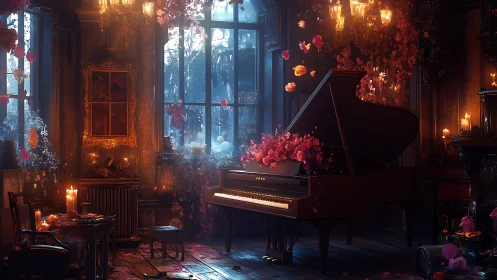 Romantic grand piano in candlelit baroque interior at dusk