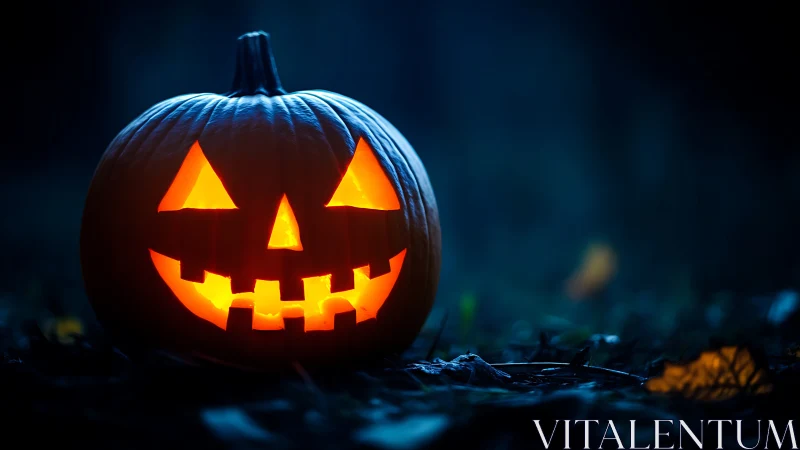 Carved jack o lantern sits illuminated on dark outdoor ground