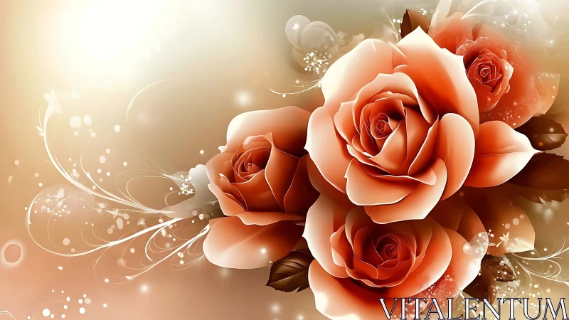 Coral Roses Digital Composition with Ornamental Flourishes and Light Effects