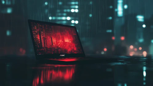 Neon rain laptop dreaming in crimson cyber city glow.