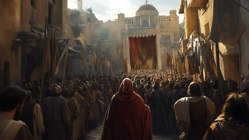 Cloaked wanderer meets roaring crowd in sunlit ancient court.