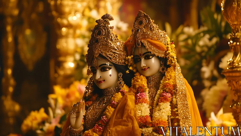 Golden temple deities glow softly amid flowers and garlands