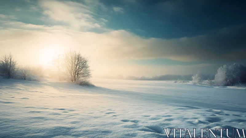 Winter sunrise over snowfield and frosted trees landscape.