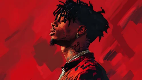 Profile portrait uses cel-shaded lighting against gestural red field