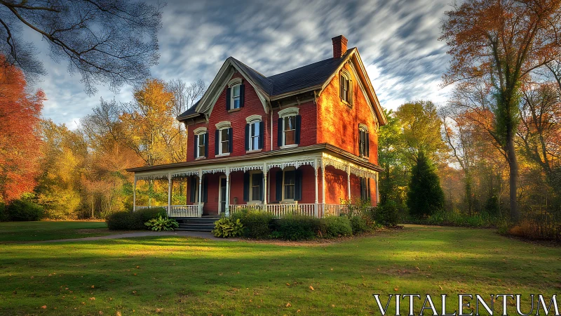 Victorian brick house on landscaped lawn under dynamic autumn sky