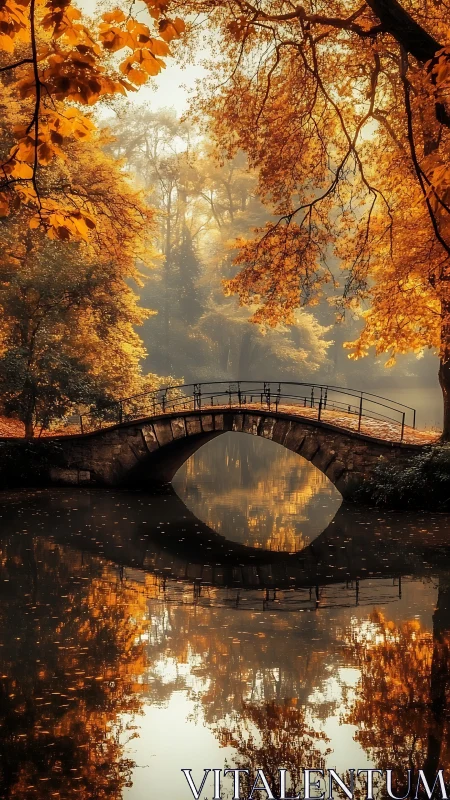 Stone bridge over calm autumn river with reflections.