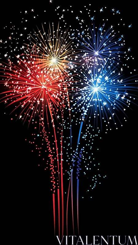 Digital firework bursts in radial vector composition on black.