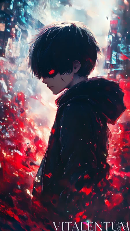 Crimson-eyed urban wraith strolling through neon embers.