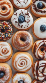 Top-down grid of assorted glazed donuts with varied toppings