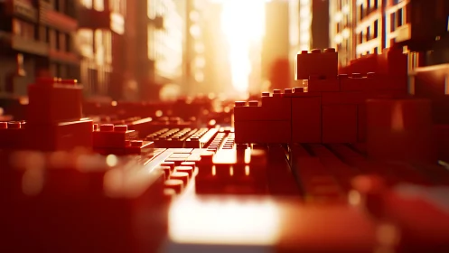 Pixelated Urban Metropolis with Golden Sunset Lighting